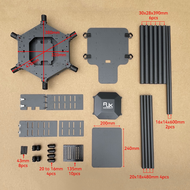 RJX1300F 6-Axis Carbon Fiber Umbrella Folding Hexacopter Frame with upper and below battery tray without motor mounts