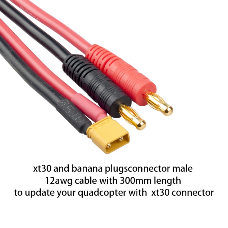 RJXHOBBY Charger Leads XT30U Male Connector to 4mm Banana Plug (30cm / 12AWG)