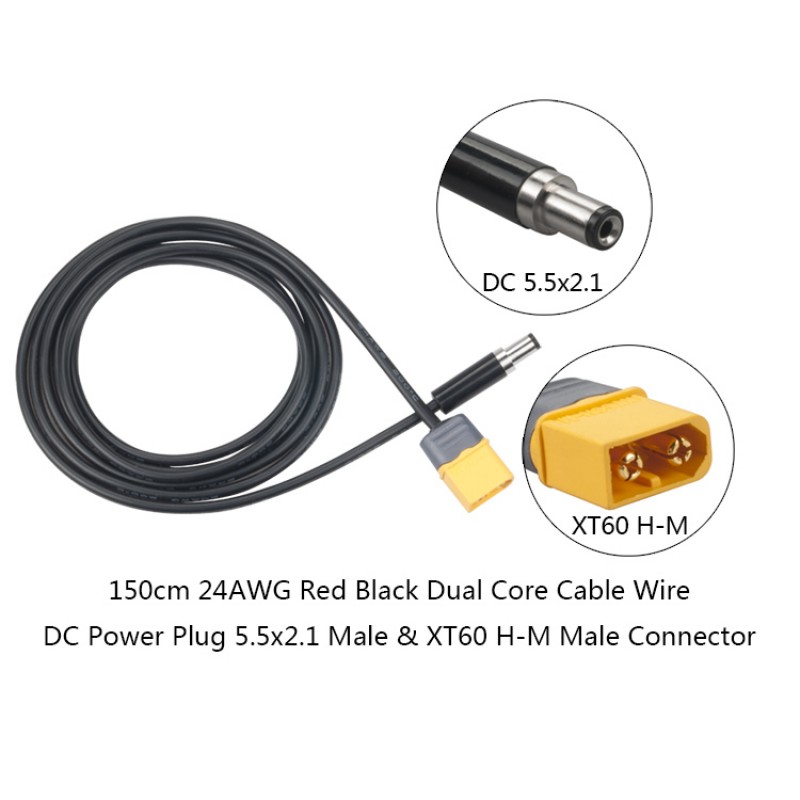 RJXHOBBY XT60 Male Bullet Connector to Male DC 5.5mm X 2.1mm DC5521 Rubber Power Cable for T12 Electric Soldering Iron