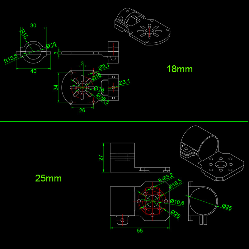 RJXHOBBY 1pcs Aluminum alloy motor base is suitable for multi-axis fittings of 12mm/16mm/18mm/25mm carbon pipe machine arm
