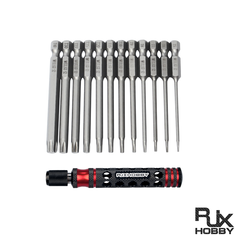 RJXHOBBY 12pcs 1/4 Inch 6.35mm Length 75mm Plum Magnetic Screw Driver Bits Sets T5 T6 T7 T8 T9 T10 T15 T20 T25 T27 T30 T40 Hex Shank