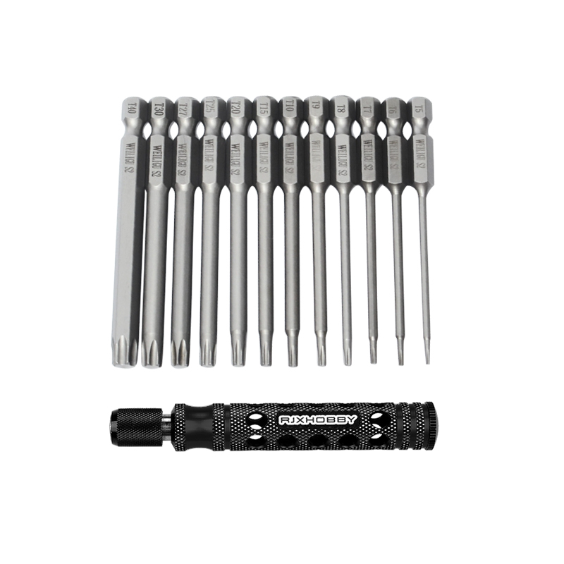 RJXHOBBY 12pcs 1/4 Inch 6.35mm Length 75mm Plum Magnetic Screw Driver Bits Sets T5 T6 T7 T8 T9 T10 T15 T20 T25 T27 T30 T40 Hex Shank