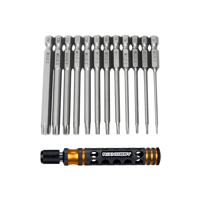 RJXHOBBY 12pcs 1/4 Inch 6.35mm Length 75mm Plum Magnetic Screw Driver Bits Sets T5 T6 T7 T8 T9 T10 T15 T20 T25 T27 T30 T40 Hex Shank