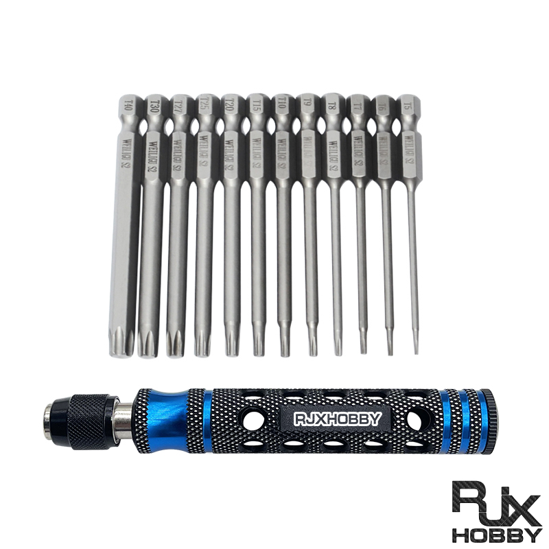 RJXHOBBY 12pcs 1/4 Inch 6.35mm Length 75mm Plum Magnetic Screw Driver Bits Sets T5 T6 T7 T8 T9 T10 T15 T20 T25 T27 T30 T40 Hex Shank