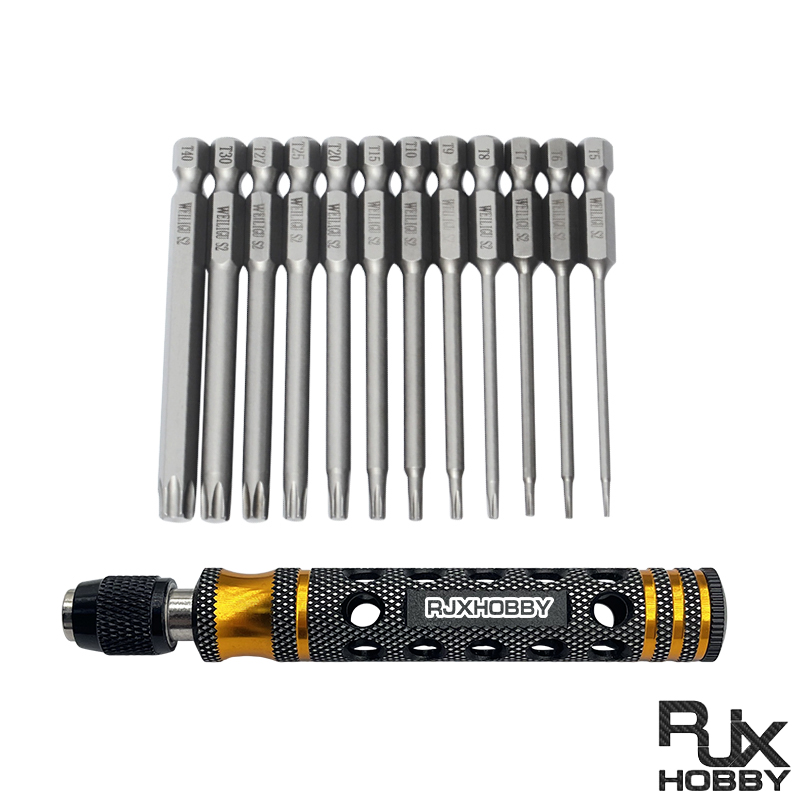 RJXHOBBY 12pcs 1/4 Inch 6.35mm Length 75mm Plum Magnetic Screw Driver Bits Sets T5 T6 T7 T8 T9 T10 T15 T20 T25 T27 T30 T40 Hex Shank