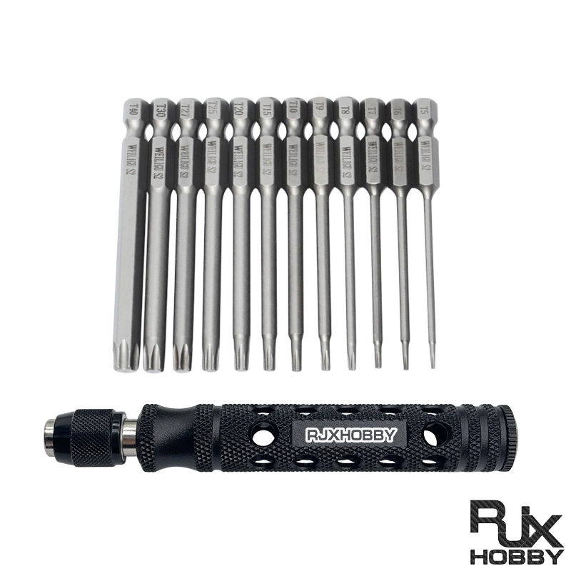 RJXHOBBY 12pcs 1/4 Inch 6.35mm Length 75mm Plum Magnetic Screw Driver Bits Sets T5 T6 T7 T8 T9 T10 T15 T20 T25 T27 T30 T40 Hex Shank
