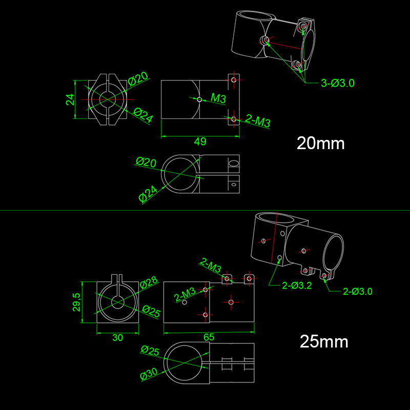 RJX 1pcs Landing Gear Aluminum Alloy Tee Tripod 20 to 20mm / 25m to 25mm Carbon Fiber Tube Connector For Agriculture Drone UAV