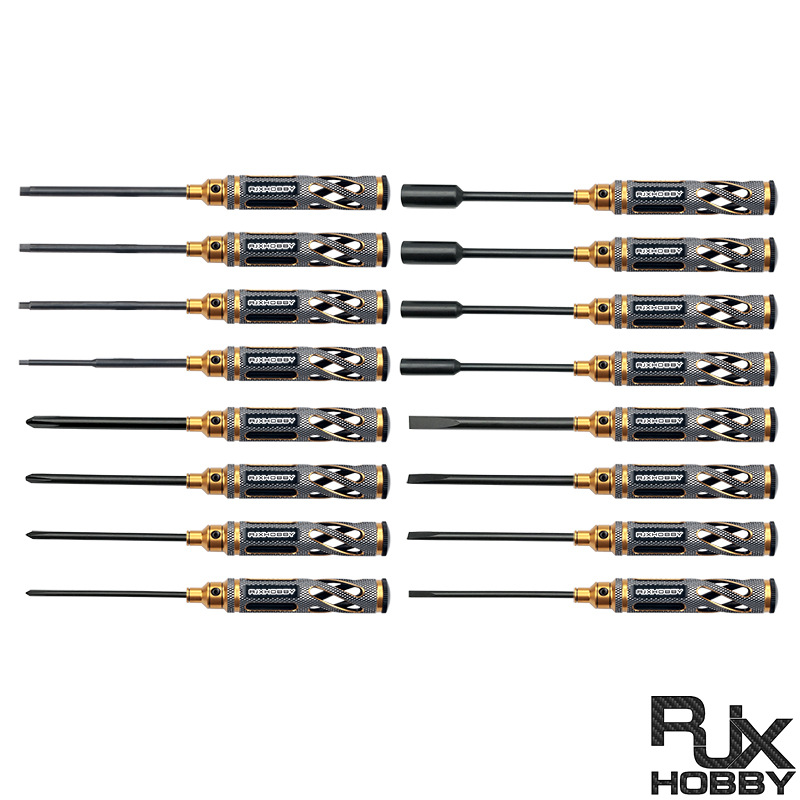 RJXHOBBY Supper Light Knurled Grip HSS titanized Hex /Nut/ Phillips/ Flat Screwdriver 16 pcs kits