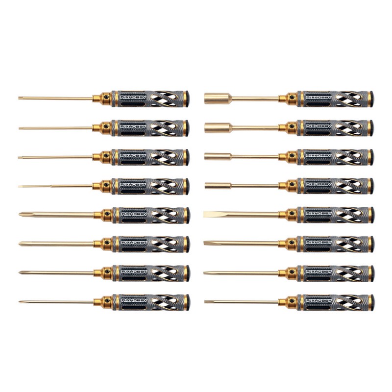 RJXHOBBY Supper Light Knurled Grip HSS titanized Hex /Nut/ Phillips/ Flat Screwdriver 16 pcs kits