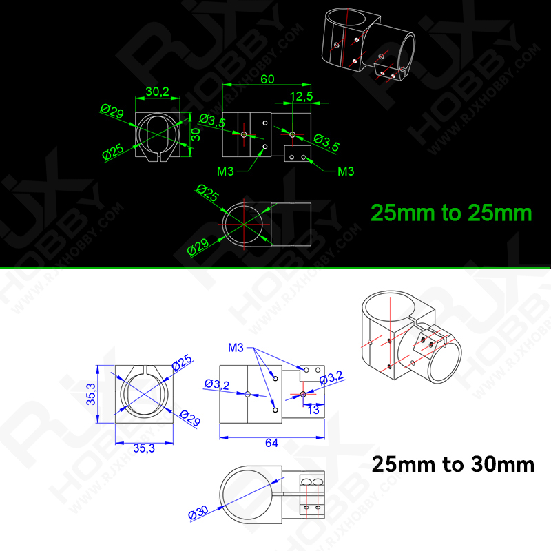 RJX 1pcs 16,20,25,30,40 Landing Gear Aluminum Alloy Tee Tripod Carbon Fiber Tube Connector For Agriculture Drone UAV