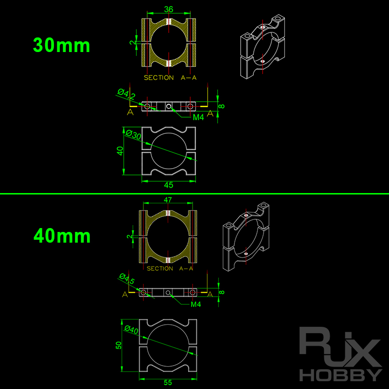 RJX 1pcs Aluminum Alloy 25 / 30 / 35 / 40 / 50mm Tube Clamp Fixture Clip Pipe Bracket for UAV Drone Spare Parts