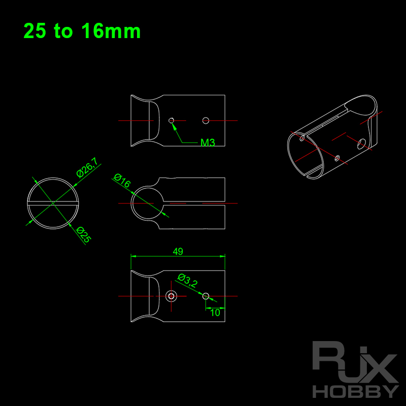 RJX 1pcs Landing Gear Aluminum Alloy Tee Tripod 20 to 16mm  / 25 to 16mm Carbon Fiber Tube Connector For Agriculture Drone UAV