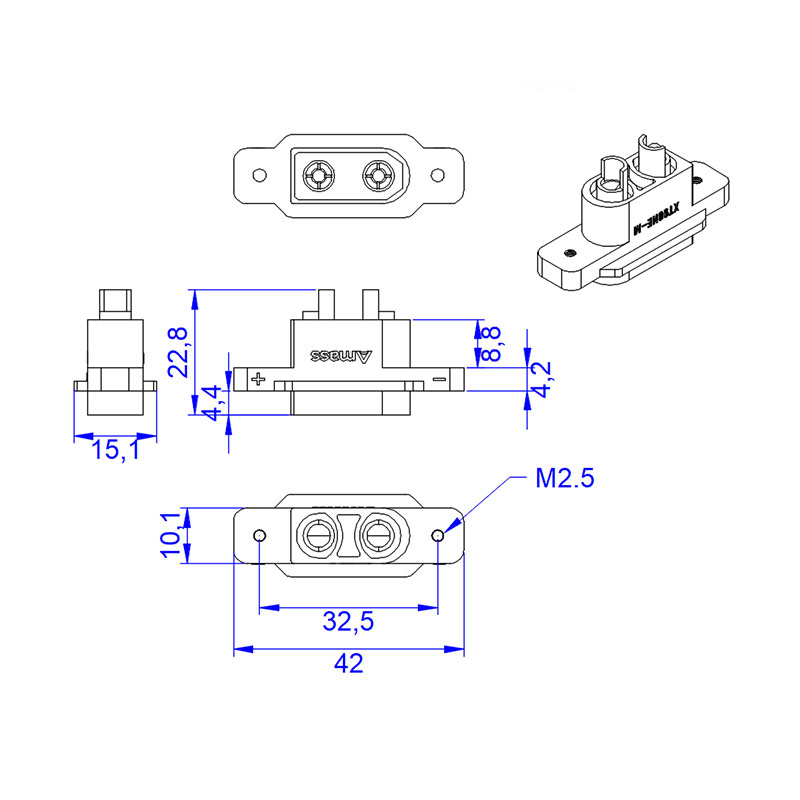 RJXHOBBY 5pcs Amass XT90NE-M XT90NE Male Plug with M2.5 Nuts Lipo Battery Connector Gold-plated Connecting Adapter