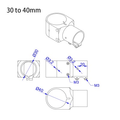 RJX 1pcs Alum 25 to 25mm / 30 to 30mm / 30 to 25mm / 30 to 40mm Tee Joint  Landing Gear Connector Adapter for RC Plant UAV Drone