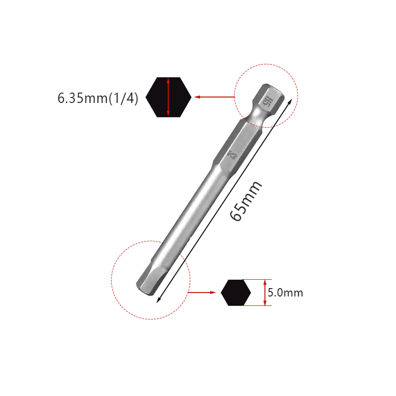 RJX 65mm 1.5 2.0 2.5 3.0 4.0 5.0 6.0mm Hex Key Allen Screwdriver Bits Magnetic 1/4 6.35mm Quick Change Impact Driver