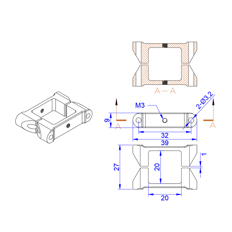 RJX Square Aluminum Tube Clamp for 20mm Square Carbon Fiber Tubes