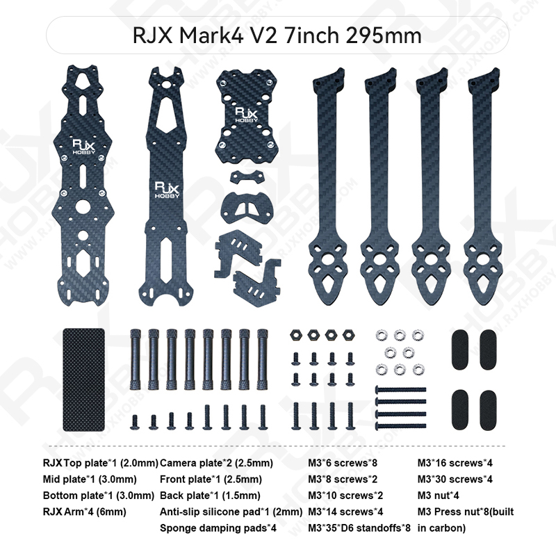 RJX Mark4 V2 7inch 295mm Carbon Fiber Twill matte Frame Kit For RC FPV Racing Drone
