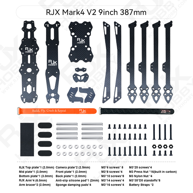 RJX Mark4 V2 9inch 387mm Carbon Fiber Plain matte Frame Kit For RC FPV Racing Drone