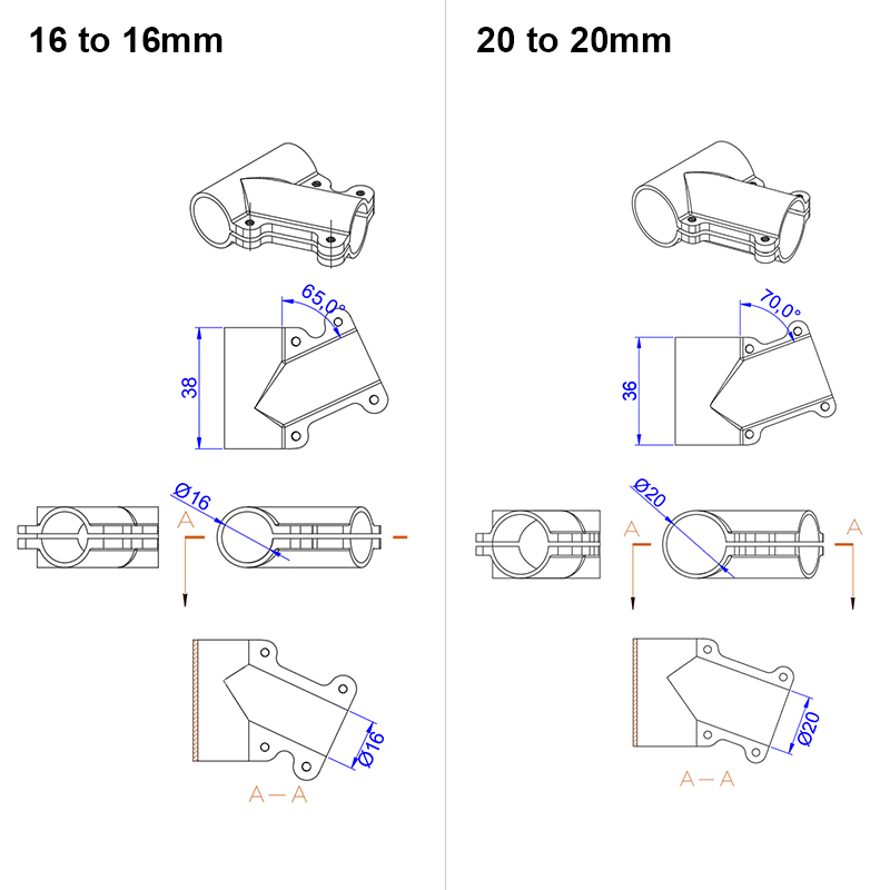 RJX 1pcs 16mm / 20mm / 20 to 25mm / 20 to 30mm /25mm / 25 to 30mm / 30mm / 40mm Tee Joint Landing Gear Connector for RC Plant UAV Drone
