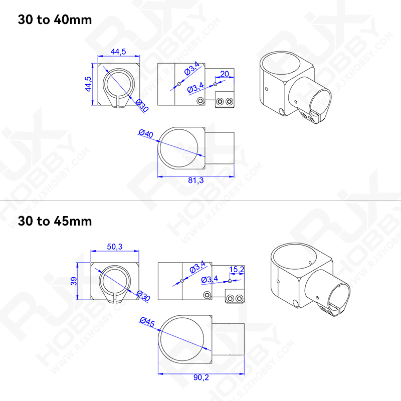 RJX 1pcs Landing Gear Aluminum Alloy Tee Tripod 30 to 40 / 30 to 45 /30 to 50 / 40 to 50 mm Carbon Fiber Tube Connector