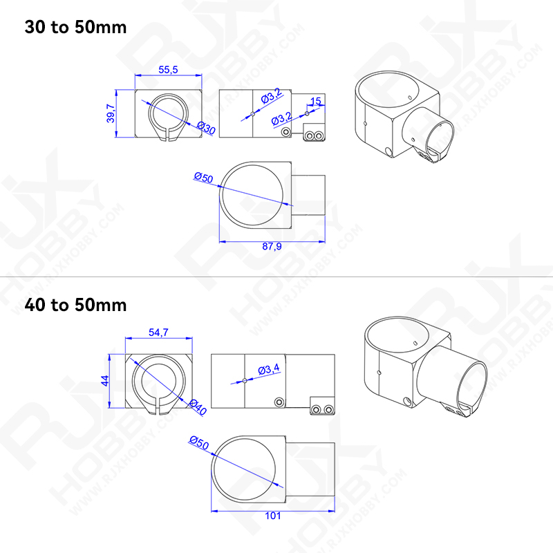 RJX 1pcs Landing Gear Aluminum Alloy Tee Tripod 30 to 40 / 30 to 45 /30 to 50 / 40 to 50 mm Carbon Fiber Tube Connector