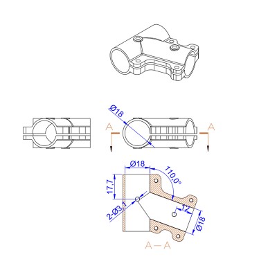 RJX 1pcs Alum 70° 18mm to 18mm Tee Joint Landing Gear Connector Adapter for RC Plant UAV Drone