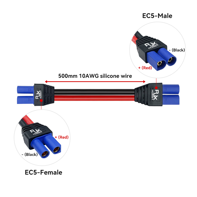 RJX 1pcs EC5 Male to EC5 Female Connector with SecureGrip Cover 10AWG Flexible Silicone Rubber Wire DC Power Cable