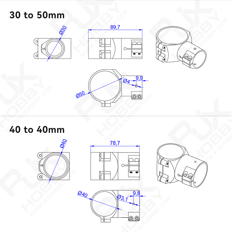 RJXHOBBY 1pcs Landing Gear Aluminum Alloy Tee Tripod 30 to 50mm / 40 to 40mm Carbon Fiber Tube Connector